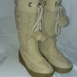 Maurice's faux suede leather knit sweater fur boot womens 6.5 ties poms high top